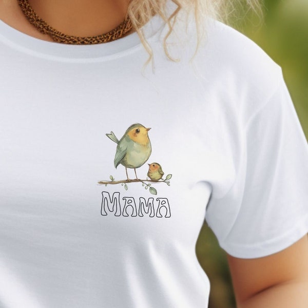 Charming Mama Bird T-Shirt - Mother's Day Gift Tee - Cute Bird Illustration Top - Mom and Baby Bird Shirt - Nature Lover Women's Tee