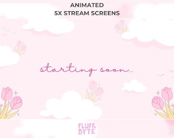 5x Animated Pastel Pink Cute Floral Animated Screens / Aesthetic / Streamer Overlays / Clouds / Simple / Twitch / Starting / Brb / Ending