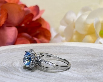 1.5.0ct Blue Round Cut Ring Like a Flower made of CZ 5A Highest Quality Cubic Zirconia, For Her, Engagement, Wedding, Birthday, Anniversary