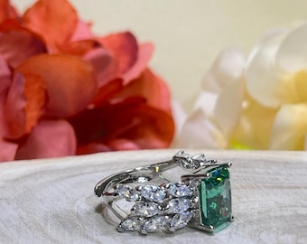 3.0ct Light Green Radian Cut Ring with 16 Marquise Cut Band made of CZ 5A Highest Quality Cubic Zirconia, For Engagement or any occasion