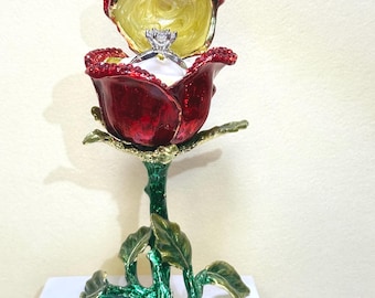 Beautiful Red Rose with Green Leaves Stand Trinket Box For Your Loved One! Great for Valentines' Day, Anniversary, Marriage Proposal