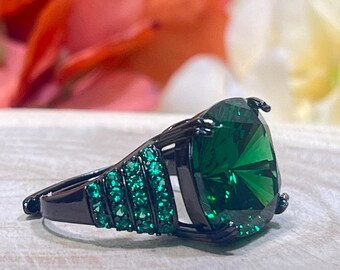10.0ct Green Asscher Cut CZ Ring: Black Gold Plated Alloy Adjustable Band