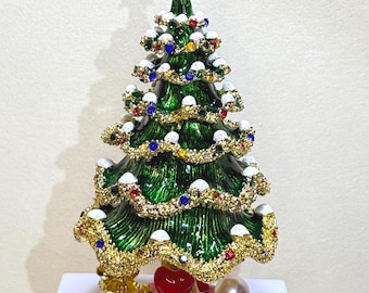 Beautiful Glow in the dark Christmas Tree with red heart n Gifts decorated Handmade with Enamel Painted, White Pearls and Swarovski Crystals