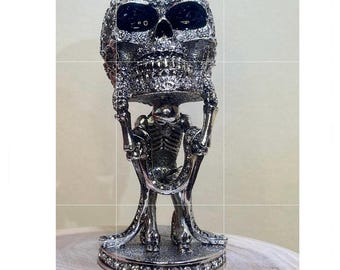 Stunning & Fine 3D Human Skeleton Carried a Big Skull on His Head Trinket Box Handmade with Enamel Painted Decorated with Swarovski Crystals