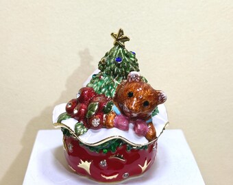 Festive Christmas bear trinket box with jeweled tree n house. Hand-painted décor piece, ideal for gifting, collecting, and holiday displays