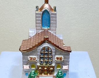Beautiful Pearl White Church Building with Cross Handmade with Enamel Painted and Swarovski Crystals