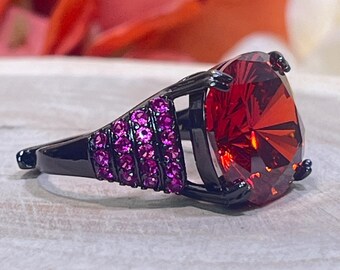Ruby Red Asscher Cut Ring: Black Gold Plated Band Cubic Zirconia for Anniversary or any Occasion