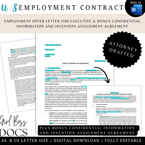 Arbeitsvertrag (4 Seiten) und Bonus Vertrauliche Informationen und Abtretungsvereinbarung (10 Seiten), NY Recht & kalifornischem Recht