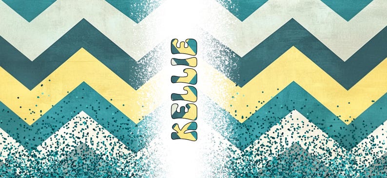May include: A chevron pattern background in shades of blue, yellow, and white with the name "KELLIE" written in a stylized font.