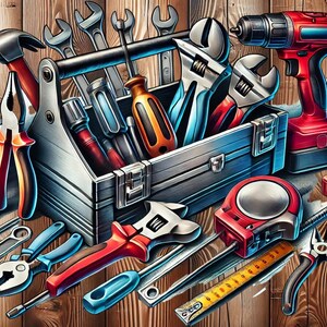 May include: A metal toolbox overflowing with tools, including a drill, wrenches, screwdrivers, pliers, and measuring tapes. The tools are arranged in a colorful and chaotic manner, suggesting a busy workshop or garage.