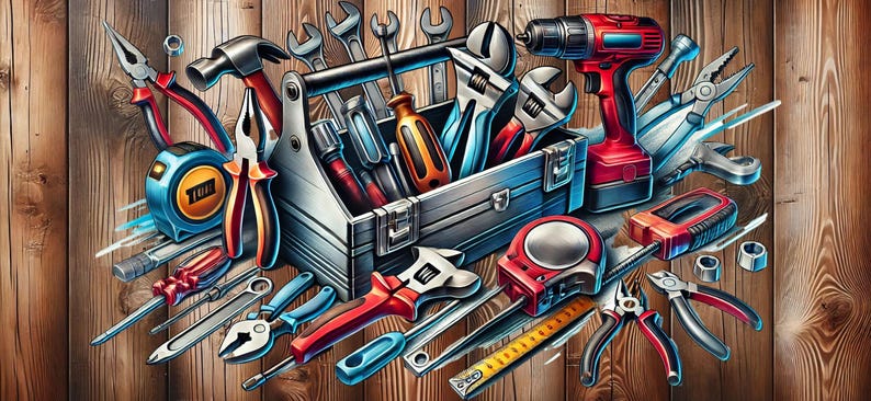 May include: A metal toolbox overflowing with tools, including a drill, wrenches, screwdrivers, pliers, and measuring tapes. The tools are arranged in a colorful and chaotic manner, suggesting a busy workshop or garage.