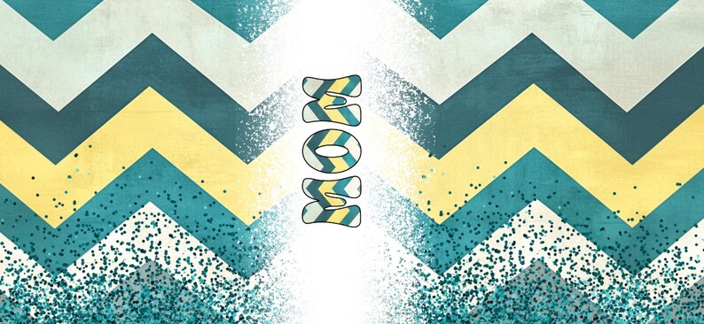 May include: A chevron pattern background in shades of blue, yellow, and white with the word "MOM" in the center. The word "MOM" is made up of blue, yellow, and white stripes.