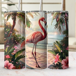 Flamingo auf einem Strandbecher Kaffeebecher Sublimation 20 Unzen Becher handgefertigt