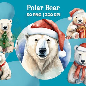 Polar Bear Clipart, Christmas Polar Bear, Christmas Bear, Digital Download, 300 DPI, PNG, Christmas Tree, Presents, Christmas, Polar Bear