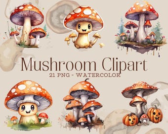 Mushroom Clipart, Cute Mushroom, Watercolor Mushroom, Mushroom Clip Art, Mushroom PNG, Watercolor Clipart, Fall Clipart, Fantasy Mushrooms
