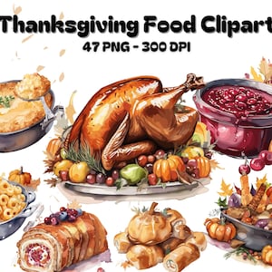 Clipart de comida de Acción de Gracias, pavo PNG, pastel de calabaza, rollito, puré de papas, asado, salsa de arándanos, macarrones con queso, cazuela de judías verdes