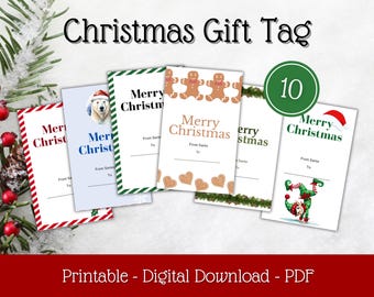 Puede incluir: Etiquetas de regalo de Navidad imprimibles con varios diseños, que incluyen un oso polar, hombres de jengibre, un elfo de Navidad y un patrón a rayas. Las etiquetas tienen espacio para escribir "De Santa" y "Para". El texto "Feliz Navidad" aparece en cada etiqueta. Hay 10 etiquetas en total.