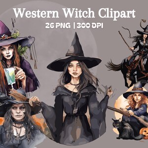 Western Witch Clipart, Halloween Witch, Western Witch, Watercolor PNG, 300 DPI, Witch PNG, Spooky Season, Broom Witch, Crow, Raven, Kettle