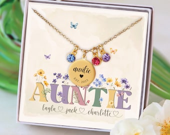 Custom Auntie Dainty Necklace, Personalize Name Jewelry Gift, Birth Month Custom Necklace Gift for Auntie with children's birthstones names