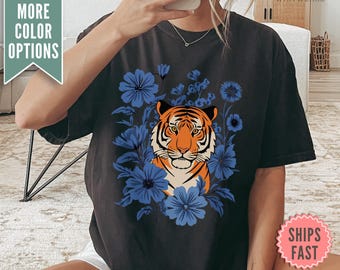 Boho Tiger Flower Shirt, Flower Comfort Colors® Tee, Cottagecore Tiger TShirt Aesthetic, Tiger Tee, Tiger Flower T-shirt, Wild Flower Shirt