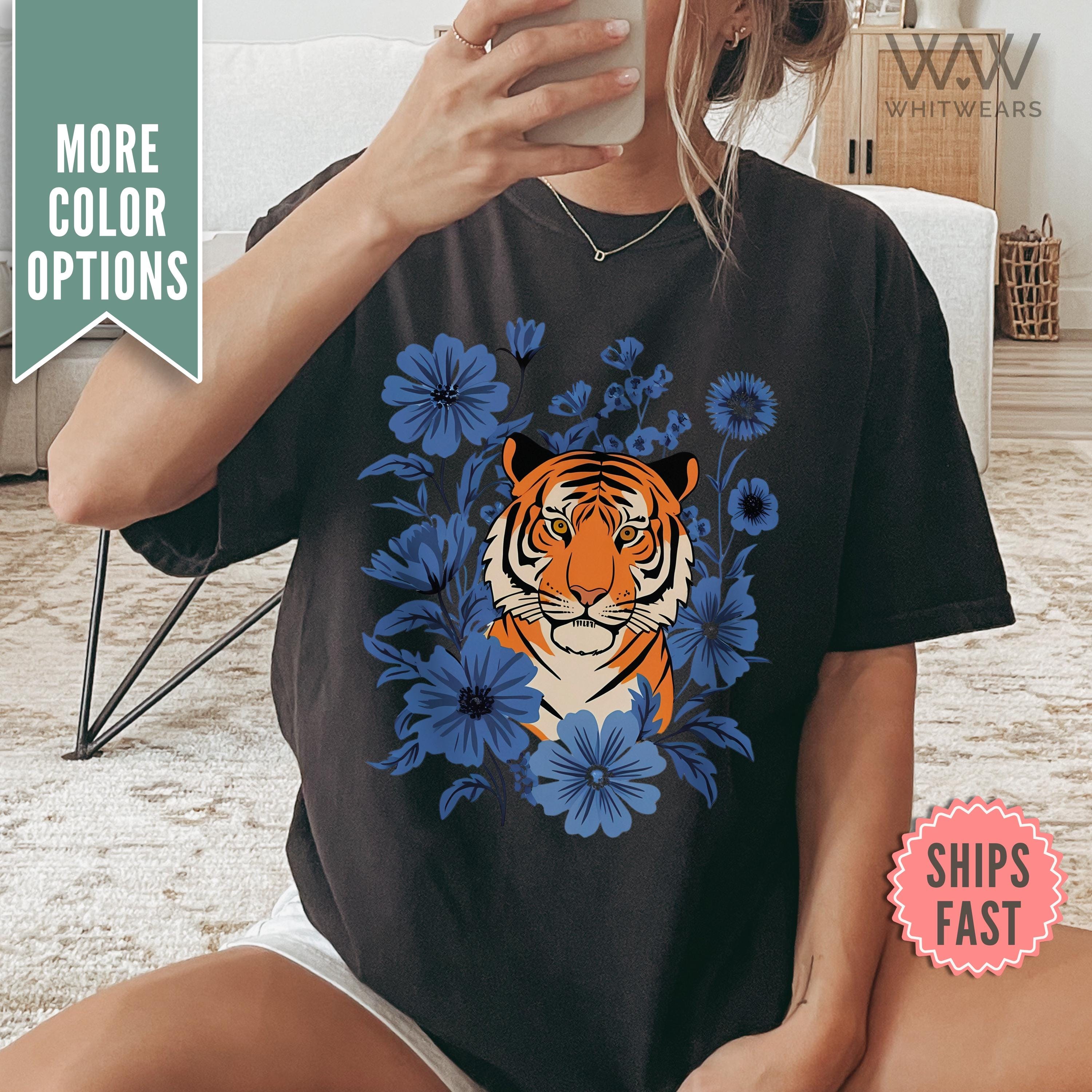 Boho Tiger Flower Shirt, Flower Comfort Colors® Tee, Cottagecore Tiger TShirt Aesthetic, Tiger Tee, Tiger Flower T-shirt, Wild Flower Shirt