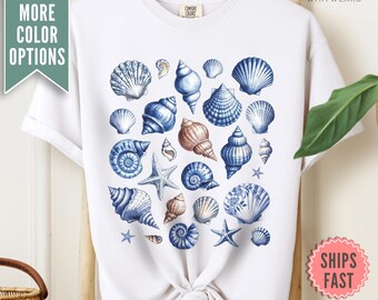 Seashells-T-shirt, comfortkleuren Seashell-T-shirt, Cottagecore Nautical Ocean-shirt, Coastal Surf-shirt, Oceancore-T-shirt, T-shirt Beach Summer