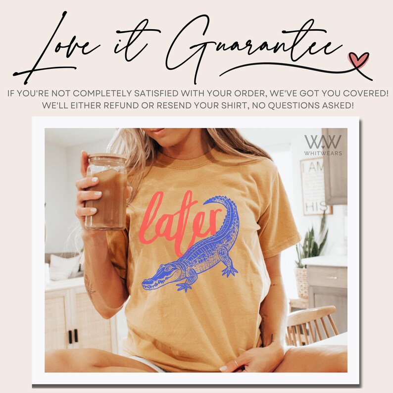 May include: A light brown t-shirt with a blue alligator graphic and the word "later" in pink lettering. The shirt is made by the brand "WAW WHITWEARS".