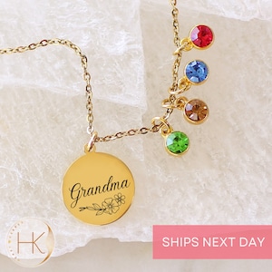 Custom Grandma Flower Necklace, Personalize Name Jewelry Gift, Birth Month Flower Custom Necklace Gift for Grandma with Grandkid birthstones