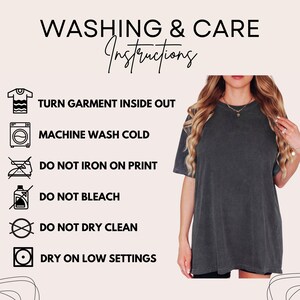 May include: Washing and care instructions for a garment. The instructions include turning the garment inside out, machine washing cold, not ironing on the print, not bleaching, not dry cleaning, and drying on low settings.