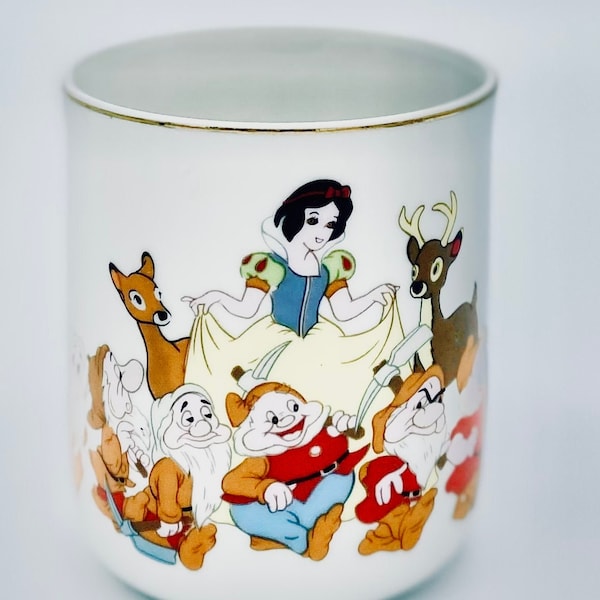 Vintage Snow White porcelain mug with handle, Disney world Japan collectors, fans, Seven Dwarfs small cup, child dinnerware, gold trim