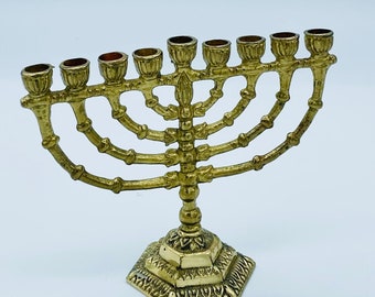 Small brass Menorah Chanukah 9 branches Wainberg, travel candle stick holder, vintage Judaica Candelabrum gift, Jewish hannukah decor