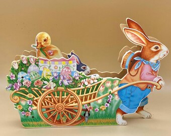 Vintage Easter bunny decor, Musical windup Animated Rabbit Chick Cart Decoration