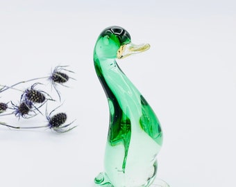 Vintage Murano Style Glass Duck Figurine: Green Aventurine Gold