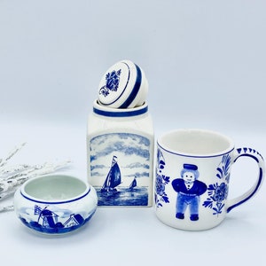Vintage Delft Blue Holland Decor Set: Windmill Sailboat Mug, Lidded Container, Bowl