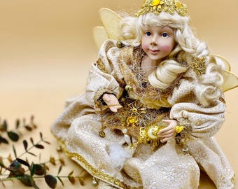 Winter fairy doll, blonde white and gold 11" fairy girl with beaded outfit