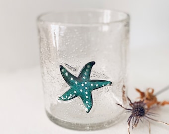 Ocean fish theme hand blown starfish glass tumbler clear bubbles, vanity container, display collectible, under the sea functional art glass