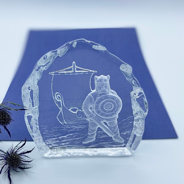 Clear Crystal Iceberg Viking paperweight, Swedish Nybro, frosted etched sculpture, norse naval longboat display glass art fathers day gift,