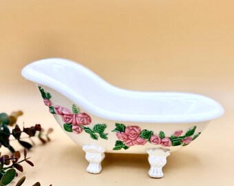 Vintage Ceramic Bathtub Soap Dish with claw feet, Pink Floral Decor from 1980s