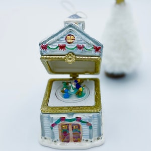 Musical Christmas church house ornament wind up music box ceramic hanging ornament, jesus and angels dancing to silent night, religious gift