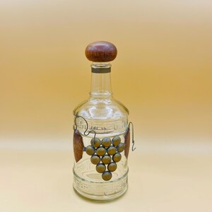 Ornate Glass Decanter with Metal Grape Band & Wood Cork