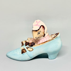 Vintage The Old Woman who Lived in a Shoe,   Ceramic mouse family figurine, Beswick England