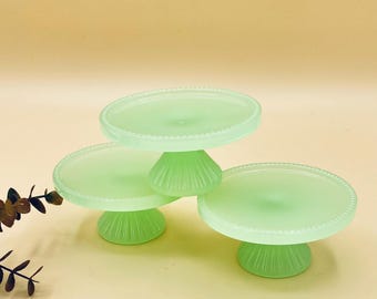 1 Vintage Jadeite Cupcake Stand: Miniature Green Glass Cracker Barrel Pedestal, mini cake stand