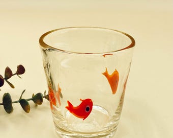 Crate & Barrel Koi Fish Glass Tumbler: Hand Blown Orange Fishies