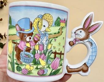 Vintage bunny rabbit mug, Easter pastel coffee cup, bunny shaped handle