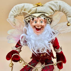 Jester fairy elf, Mark Roberts style tall Shelf Sitter, handpainted posable red and gold decor 16"