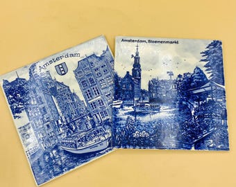Vintage Delft Blue Tiles (Set of 2): Hand-Painted Amsterdam Canal & Flower Market