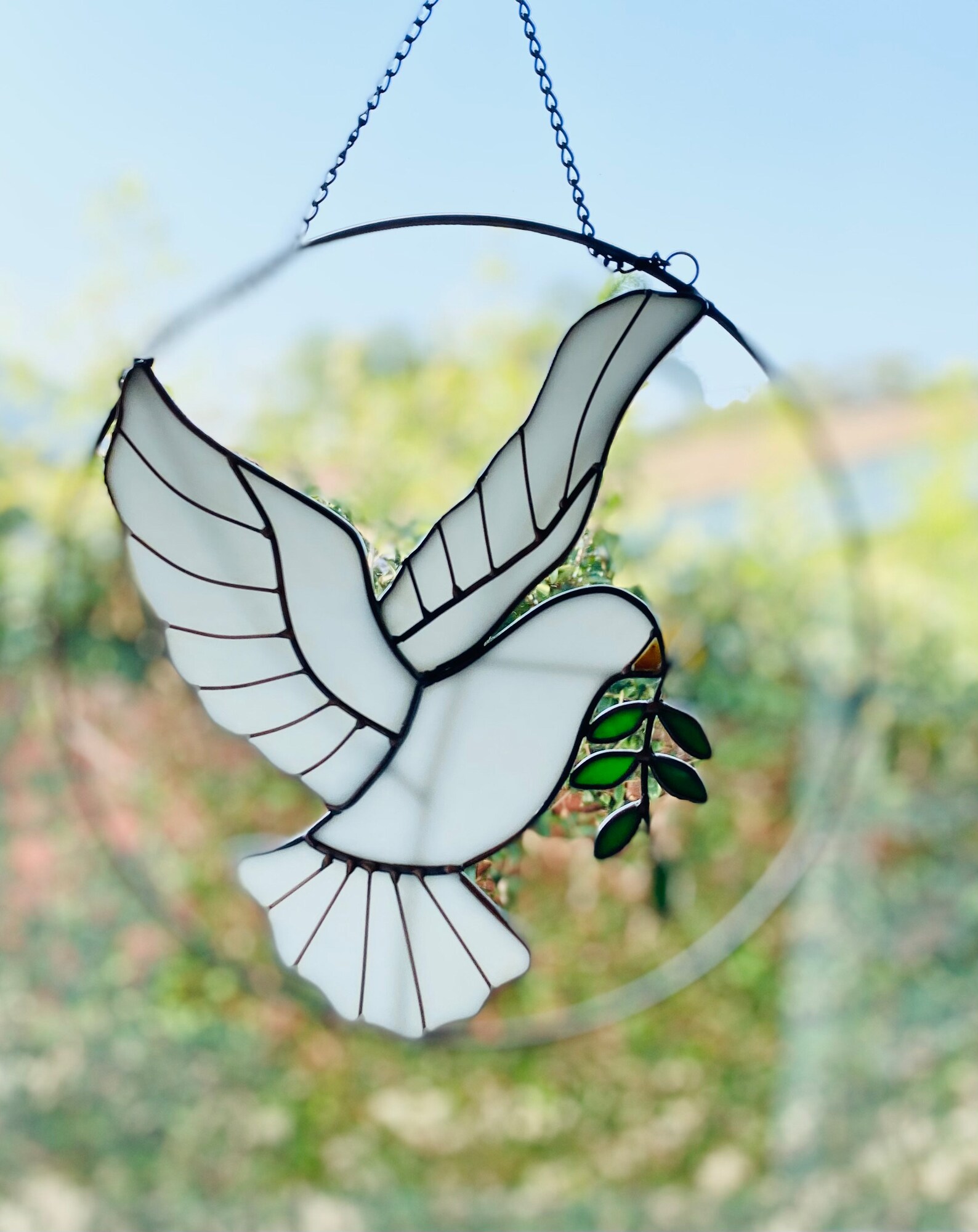 White Glass Peace Dove Sun Catcher, Stained Glass Window Art, Large ...