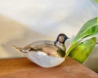 Finnish Glass Art Bird: Amber & White Speckled Duck, Nuutjärvi Style