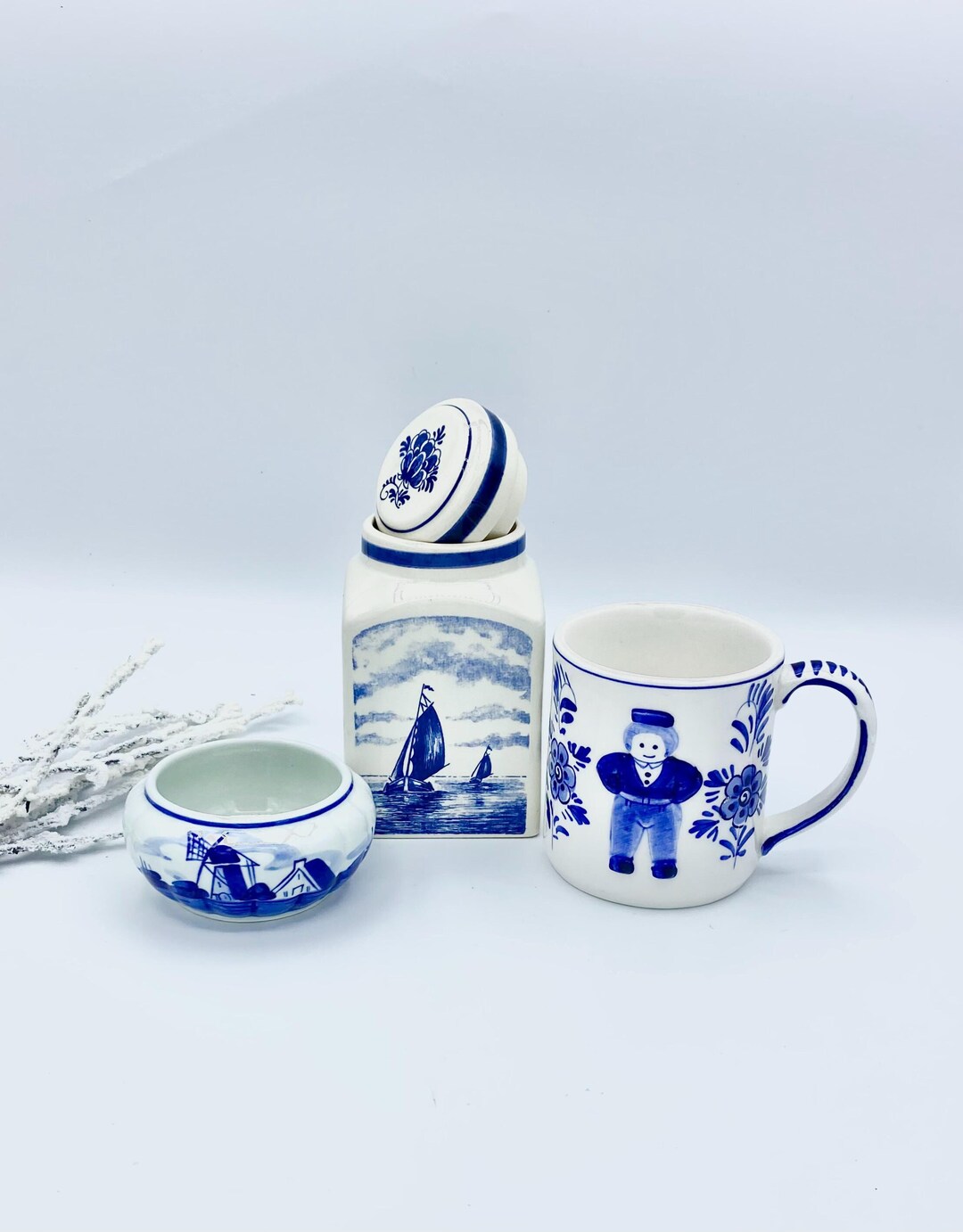 Vintage Delft Blue Holland Decor Set: Windmill Sailboat Mug, Lidded ...