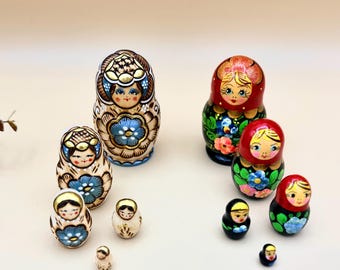Small wooden matryoshkas, set of 5, hand painted Russian folk nesting dolls 3"